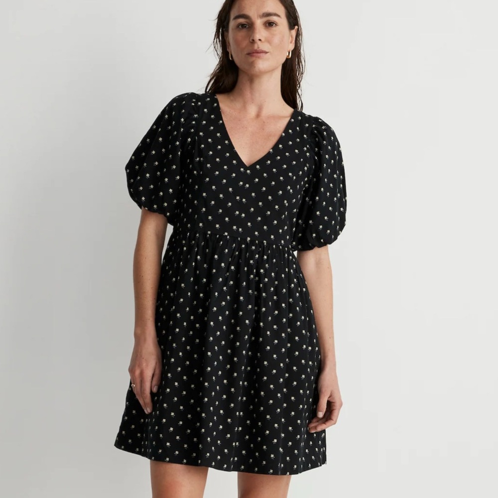 Madewell Black V-Neck Puff Sleeve Mini Dress in Floral Ikat